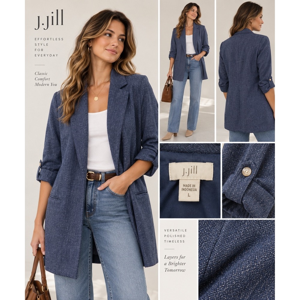 J.Jill Womens Blue Cotton Rayon Longline Open Front Roll Tab Blazer Jacket L